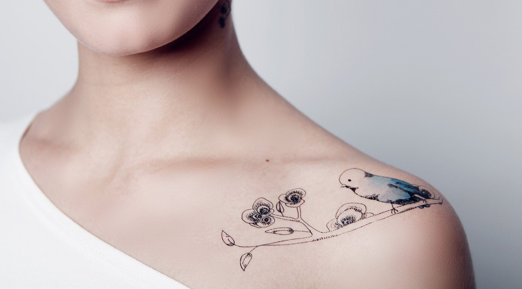 Tatuagem delicada de um periquito no ombro
